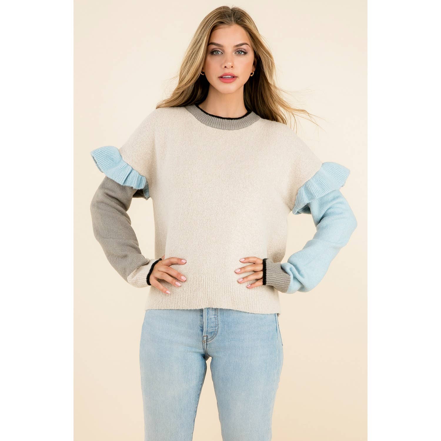 BEIGE Maglione a blocchi di colore con maniche a balze in vendita all'ingrosso su Faire3