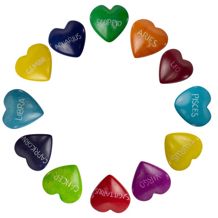 Global Crafts - Wholesale Decorative Tabletop Object - Display Set of Zodiac Soapstone Hearts, 12 Zodiacs plus Display Bowl