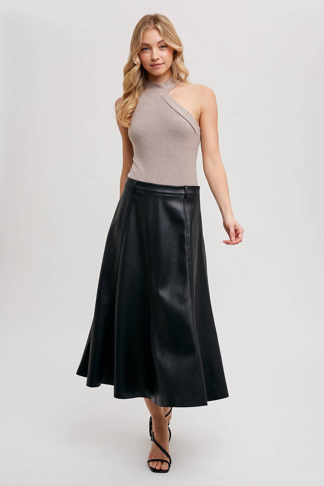 Bluivy - Wholesale Skirt - Women's - FAUX LEATHER FLARE MIDI SKIRT23
