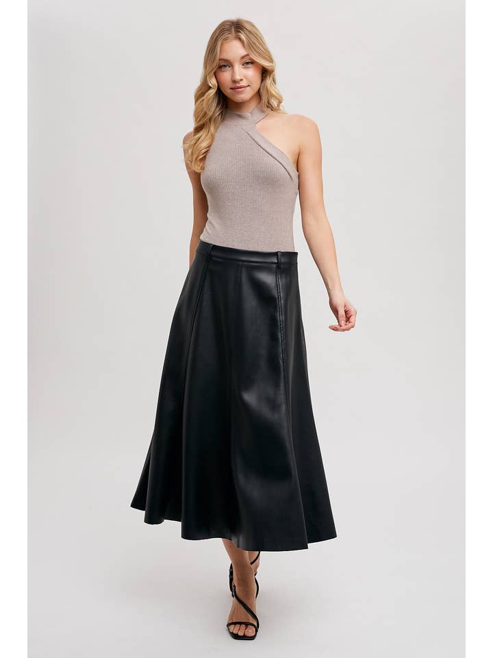 Bluivy - Wholesale Skirt - Women's - FAUX LEATHER FLARE MIDI SKIRT23