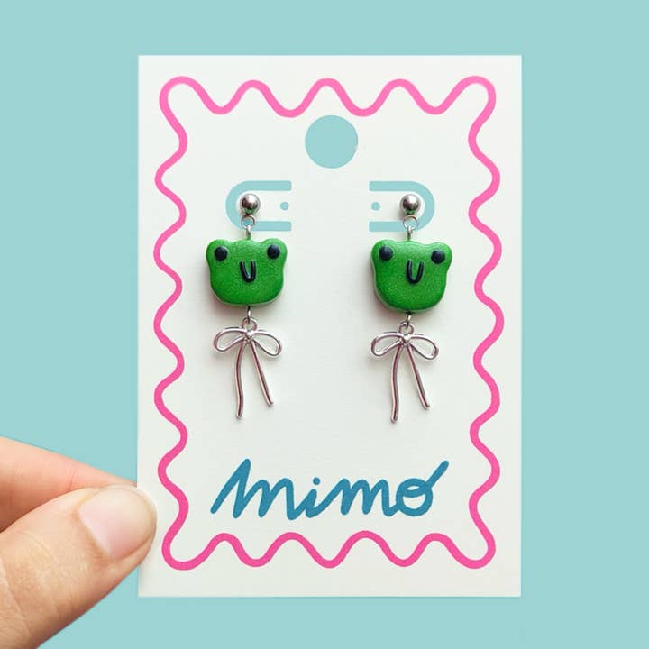 Handmade Mini Frog Bead & Bow Earrings in Steel - Studs for wholesale by Mimo