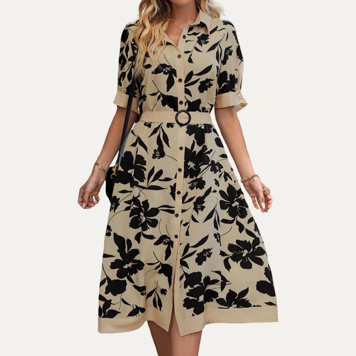 Vintage Floral Print Collared Button-Up Belted Maxi Dress for wholesale by The Moment Collection