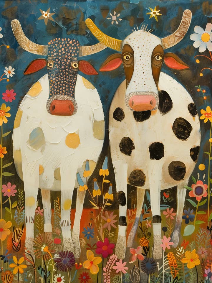 Folk Art 2 Cows Art Print for wholesale by Mowbi