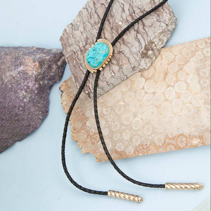 Barse Jewelry - Wholesale Pendant/Charm Necklace - Rawlins Blue Turquoise Black Leather Golden Bolo Necklace3