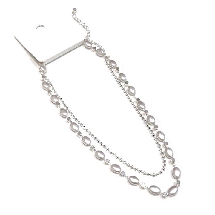 Pearl Bead Linked Chain & Ball Chain 2 Low Necklace for wholesale by StarryNYC