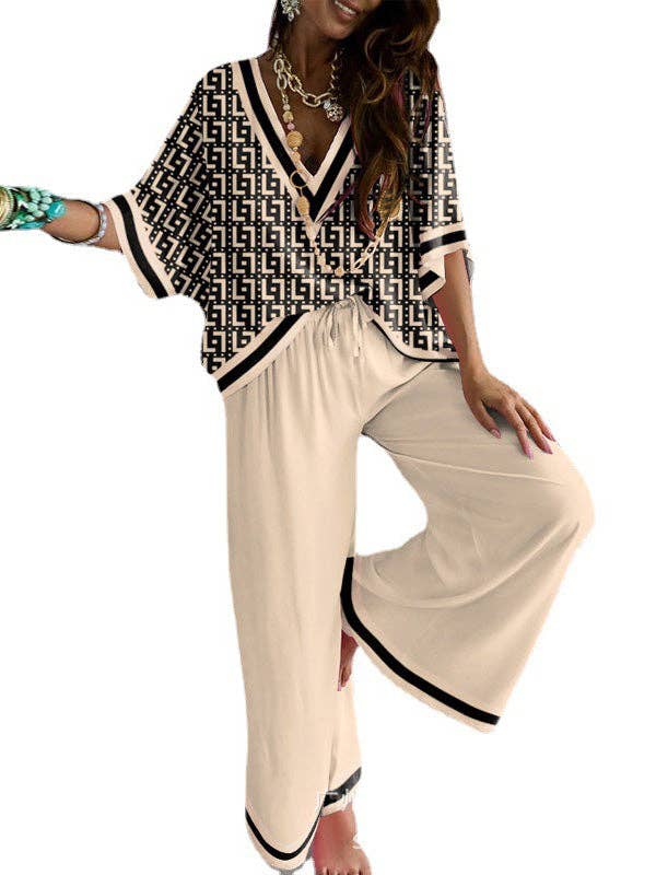 KHAKI Urban Loose Printed V-Neck T-Shirts Tops& Drawstring Wide Leg Pants Suits for wholesale on Faire