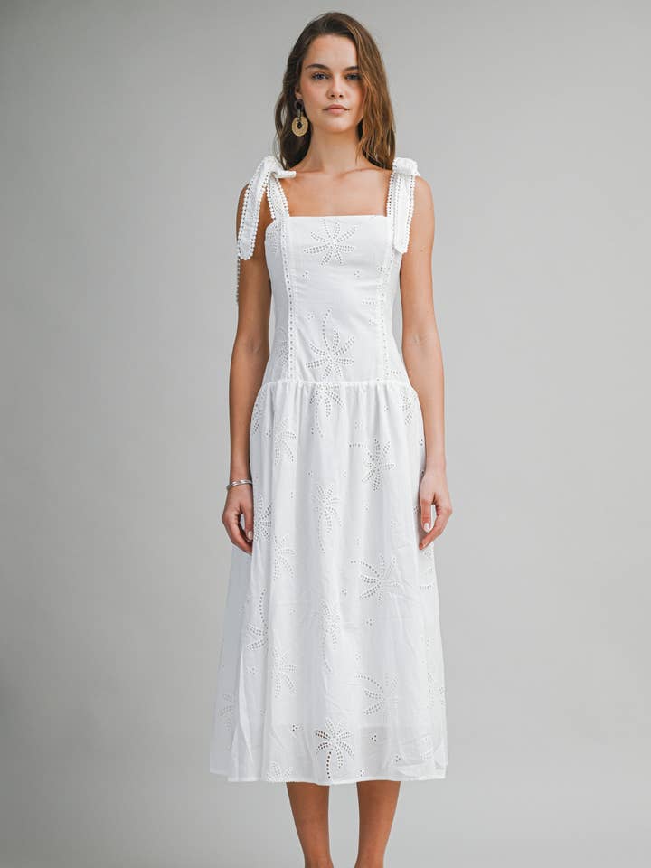 ED6042Y White Eyelet Midi Dress with Tie Straps for wholesale by Le Cliche
