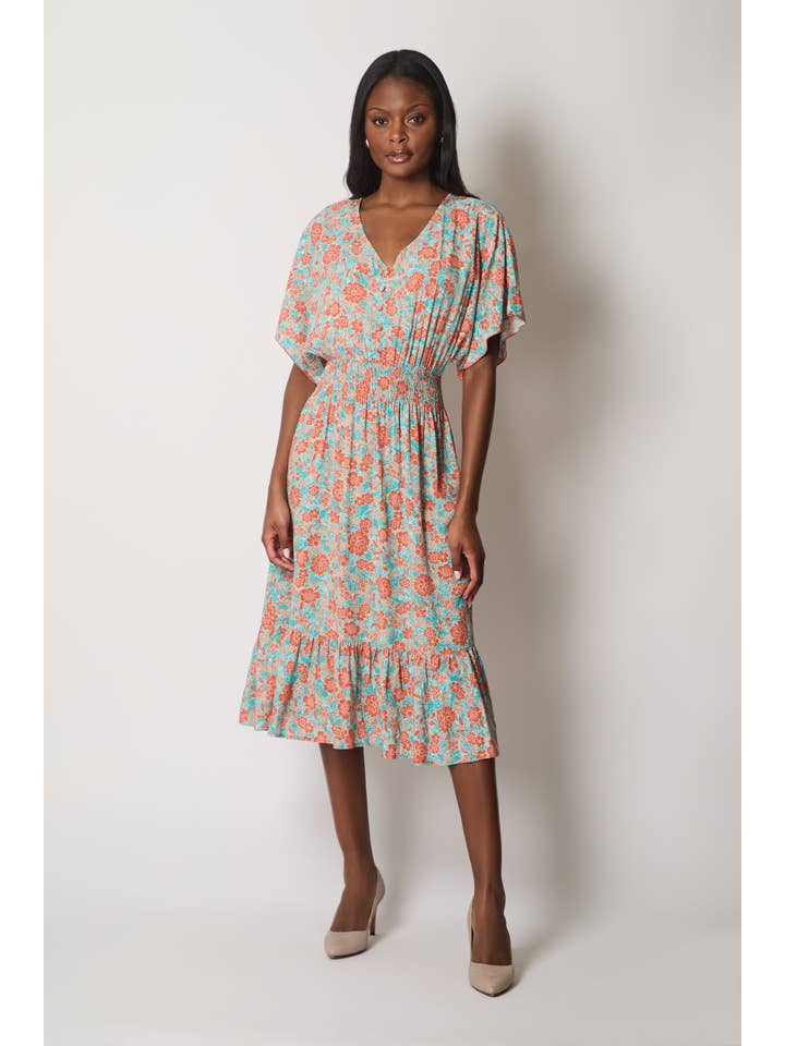 SOLO - Wholesale Dress - Women's - Floral Print Midi Dress with Flutter Sleeves - Orange