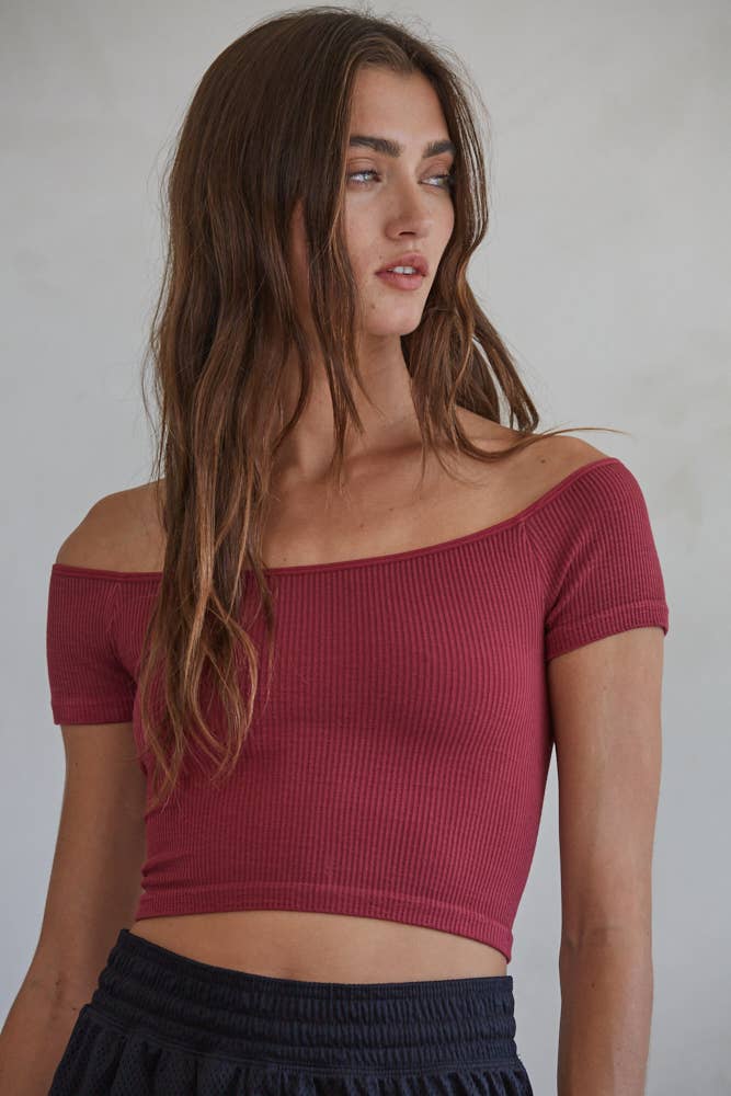 By Together - Wholesale Knit Top - Women's - S1054 | Knit Seamless Ribbed Off Shoulder Crop Top5