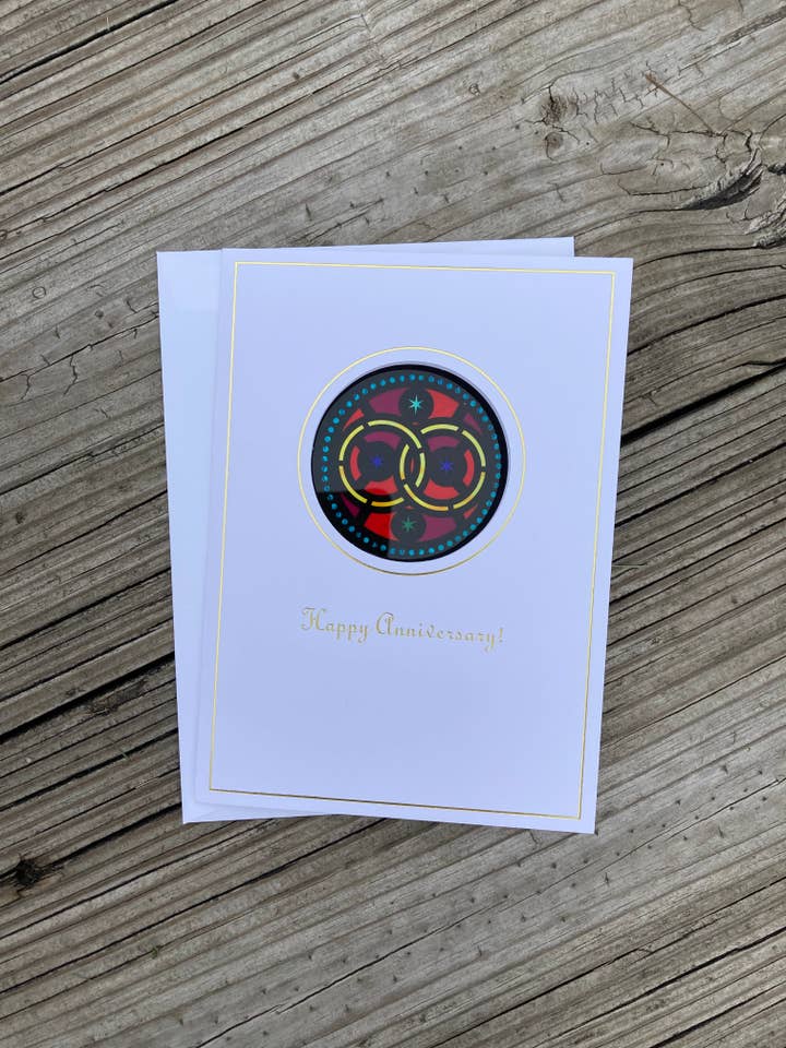 Anniversary stained glass Rings sun-catcher card for wholesale by Bright Greetings