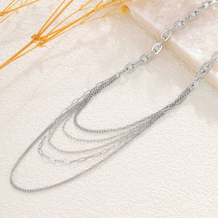Silver multi-strand necklace with alternating chains for wholesale by JOYA
