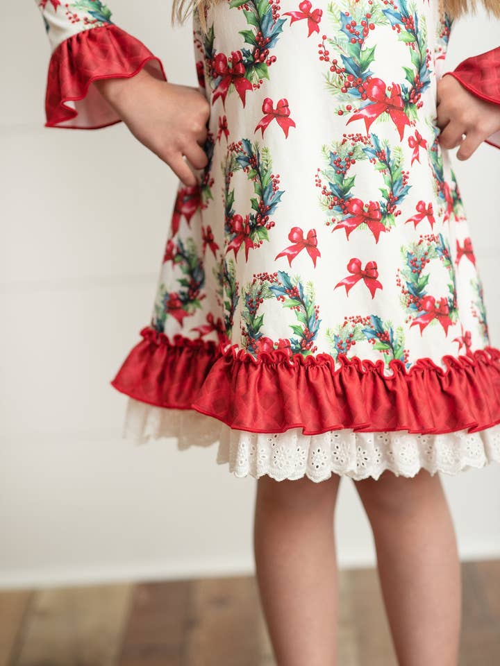 Adorable Sweetness - Wholesale Nightdress - Kids - Kids Vintage Christmas Wreath & Lace Lounge Play Gown