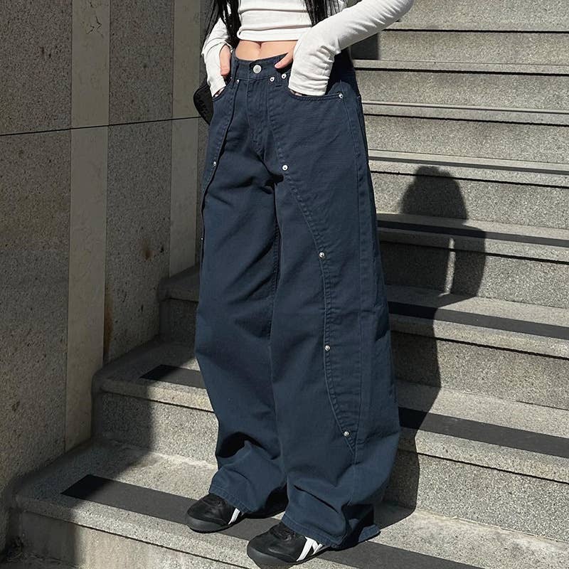 BLUE RIVET SPLIT LOW-RISE BAGGY DROP WIDE-LEG JEANS for wholesale on Faire2