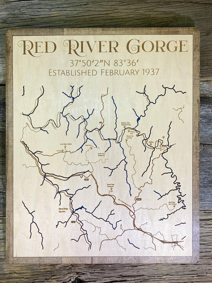 Red River Gorge - Lasergegraveerde kaart voor wholesale door The Salty Lick Mercantile