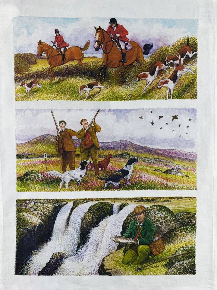Hand Drawn Country Life Pursuits Large Cotton Tea Towel for wholesale by Half a Donkey