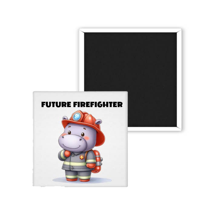 Future Firefighter Hippo Magnet | 2x2 Square Kids Fridge for wholesale by Uniquely Designed By Rebecca