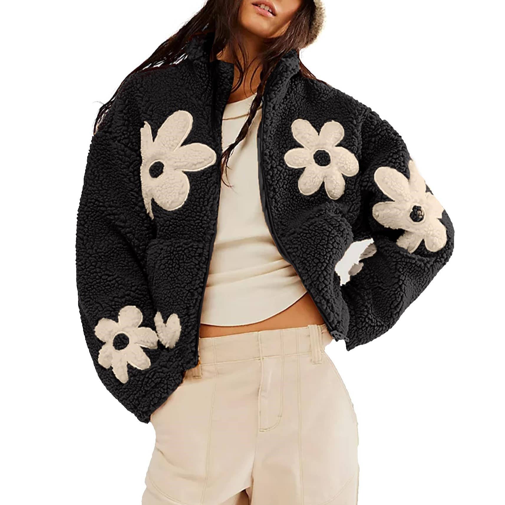 Rosa Clothing - Wholesale Coat - Women's - Fashion Contrasting Floral Slouchy Lambswool Coat0