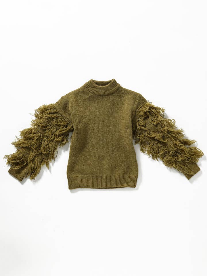 sassy kids palace - Wholesale Knit Sweater - Kids - Girls Olive Fringe Sweater0