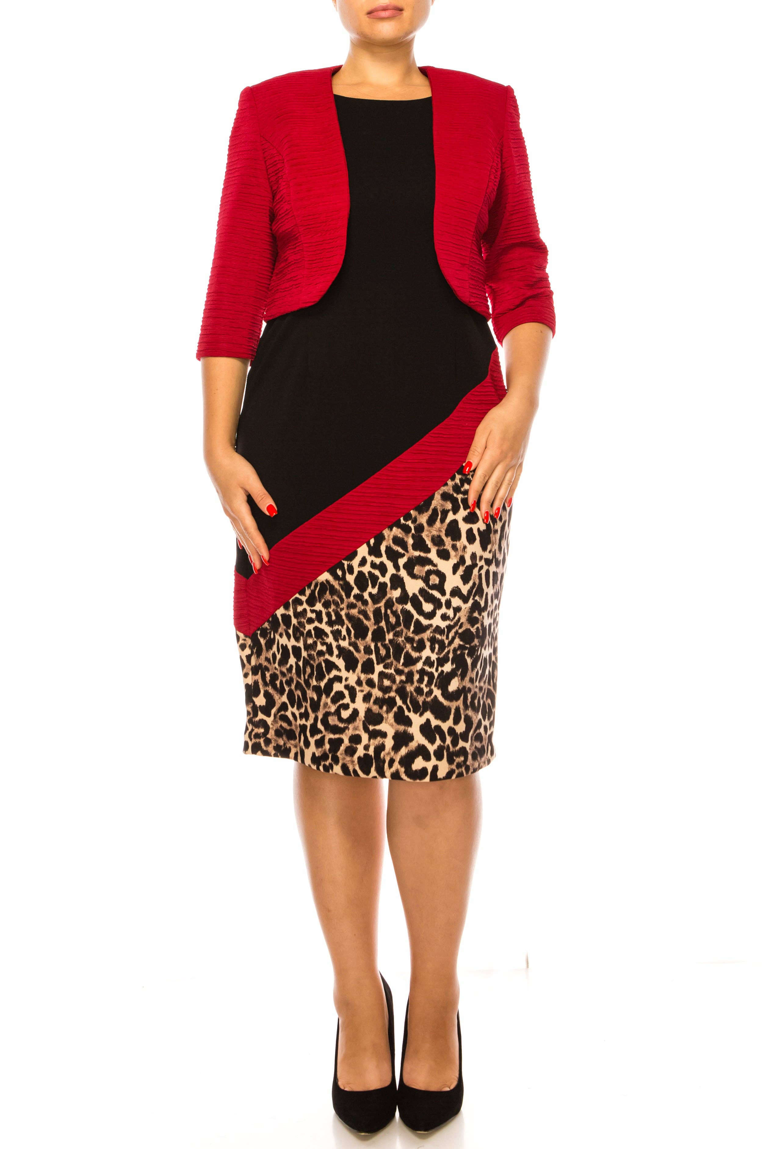 RED BLACK Maya Brooke Asymmetrical Animal Print Jacket Dress for wholesale on Faire0