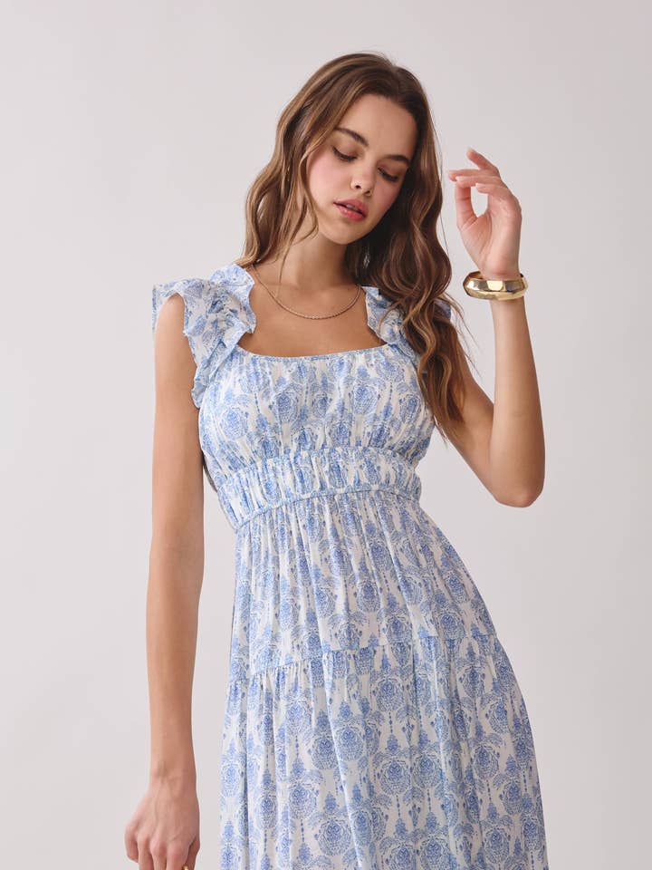 Robe à encolure carrée avec bretelles à volants imprimée CD06685 pour la vente par TCEC