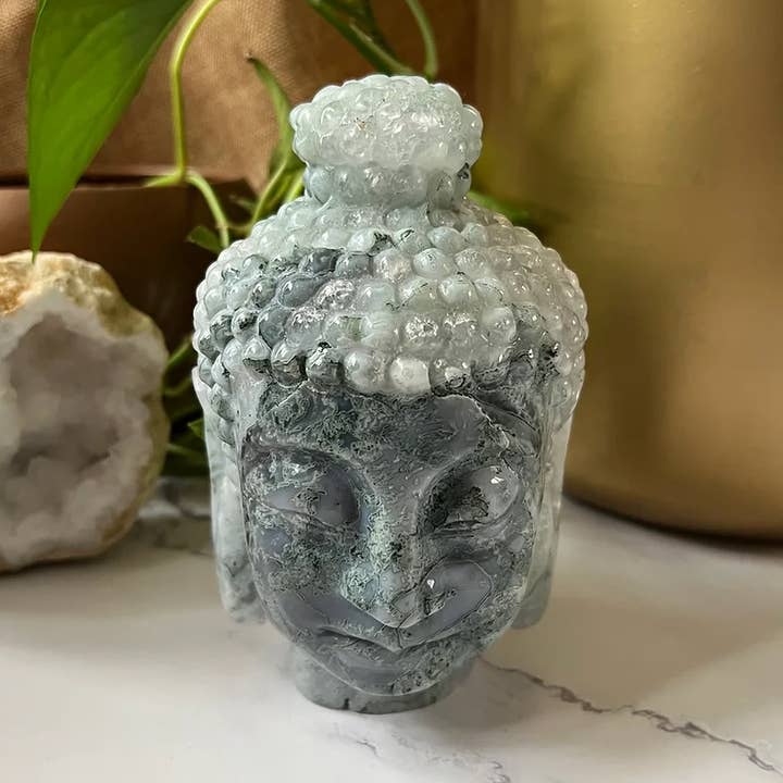 Moss Agate Buddha Head for wholesale by Lustrum Apothecary