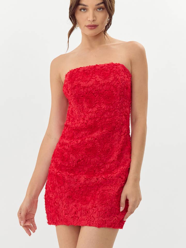 Red Posey Textured Floral Strapless Mini Dress for wholesale on Faire