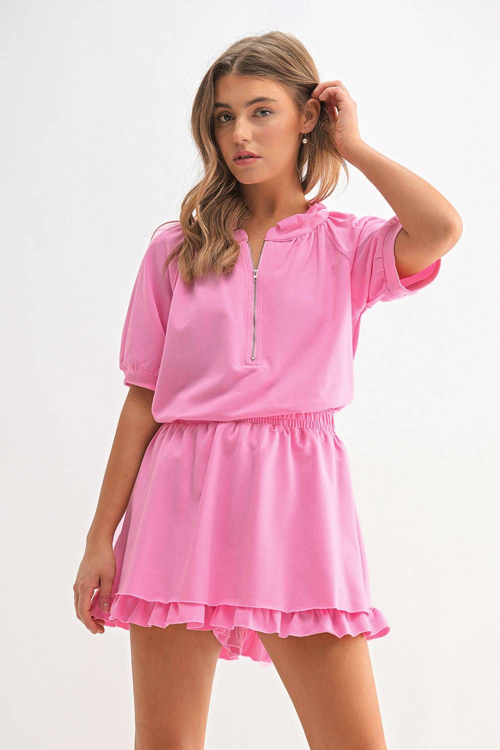 Aapparella - Wholesale Lounge Set - Women's - Pink  Zip Front Puff Sleeve Top & Ruffled Shorts Set | S-XL8