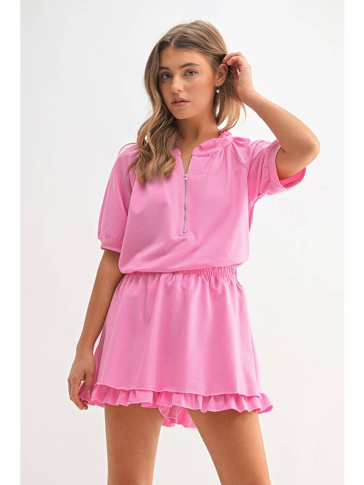 Aapparella - Wholesale Lounge Set - Women's - Pink Zip Front Puff Sleeve Top & Ruffled Shorts Set | S-XL8