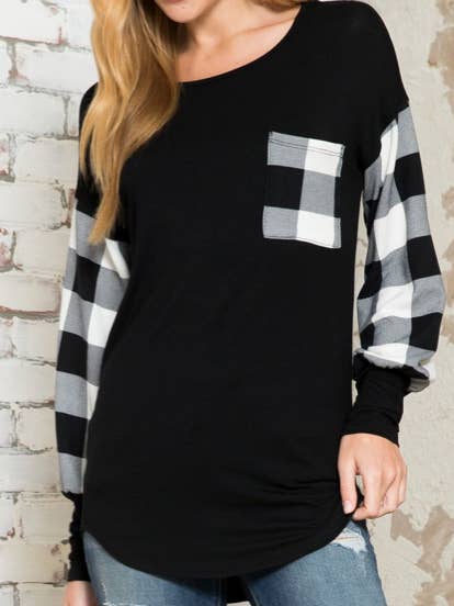 Plaid Solid Contrast Long Sleeve Round Neck Top for wholesale by aa24