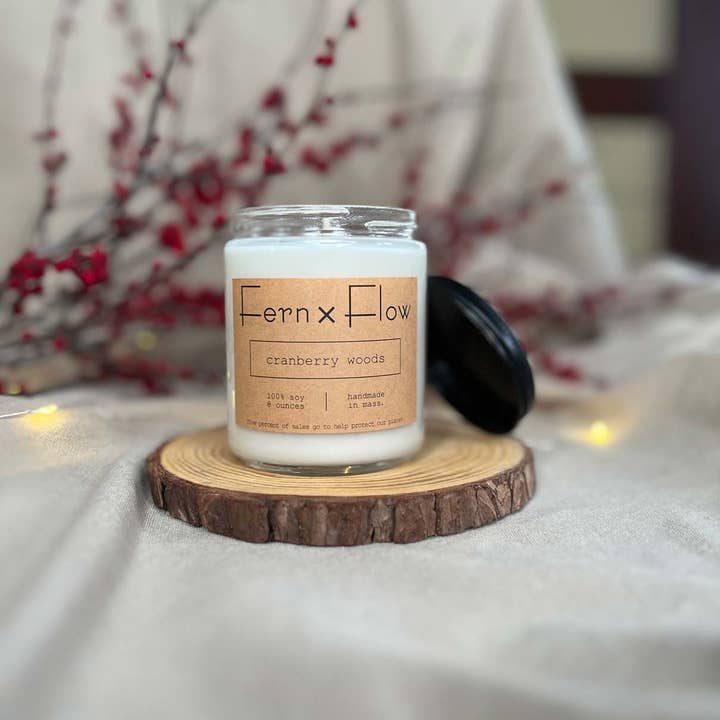 Cranberry Woods Farmhouse Winter Glass Soy Candle - 8oz for wholesale by Fern x Flow Soy Candles + Home Fragrance