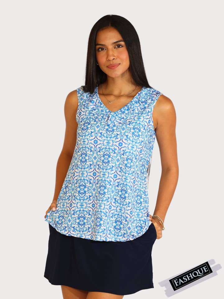 Chic Sleeveless V-Neck Digital Top with Ruffle Neckline - T2036 for wholesale by Fashque Designs