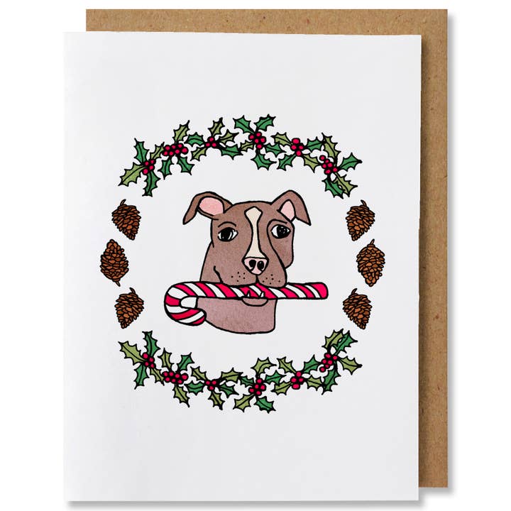 Holly Jolly Pitbull - Carte de Noël illustrée en forme de chien pour la vente par NANU Studio