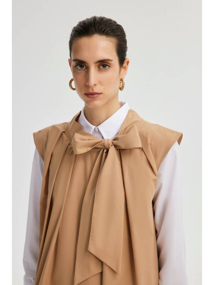 Beige COLLAR TIED PLEATED DRESS for wholesale on Faire