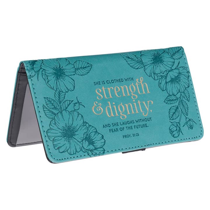 Christian Art Gifts - Wholesale Book Cover - Checkbook Wallet Teal Strength & Dignity Prov. 31:253