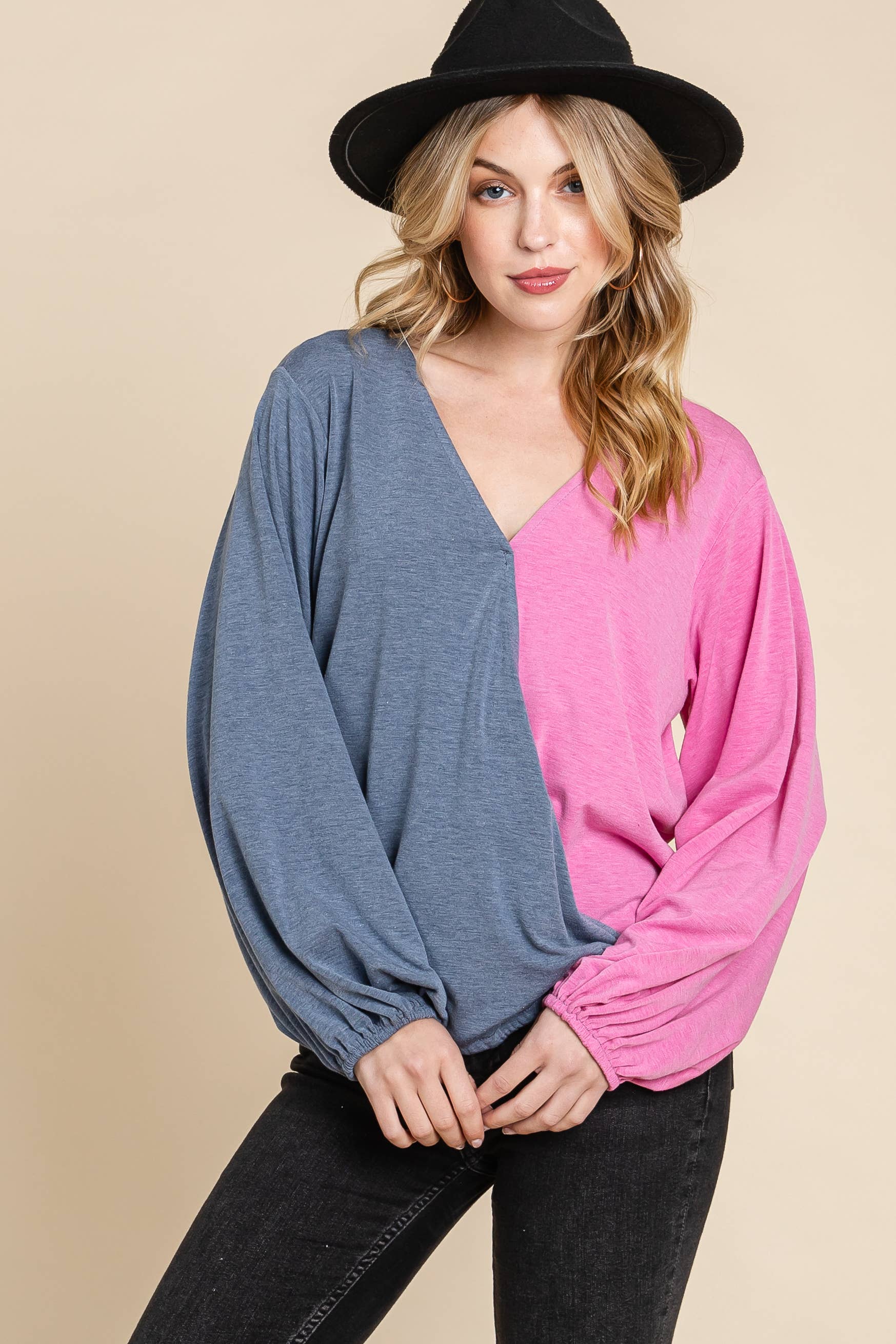 Emerald Collection - Vendita all'ingrosso Top in maglia - Donna - ETK-8561-PL Top Surplice Color Block Plus Size2