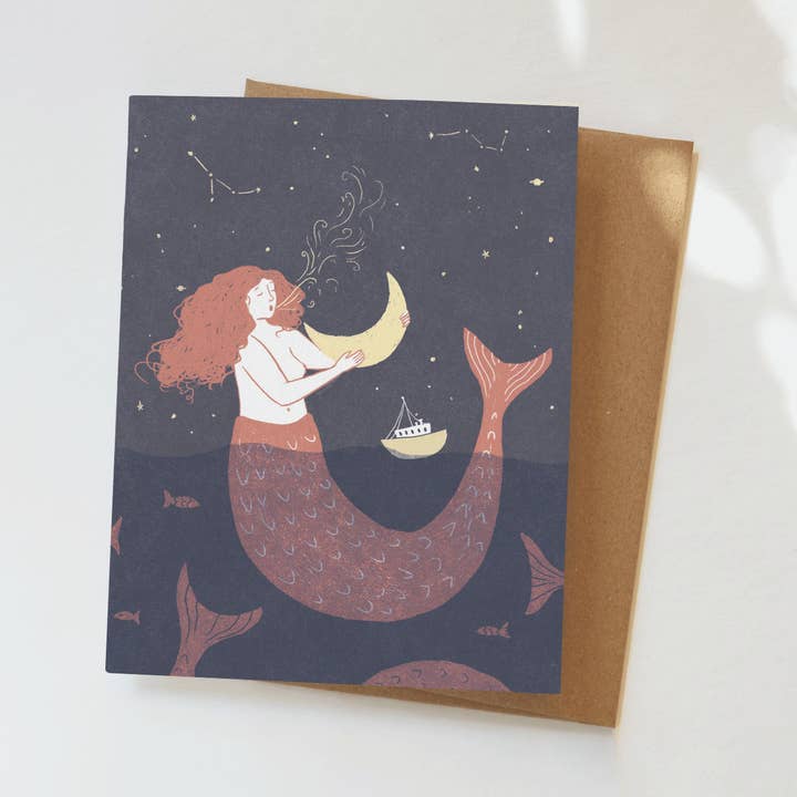 Mermaid Greeting Card - Hand-Illustrated, Moon and Stars for wholesale by Elana Gabrielle