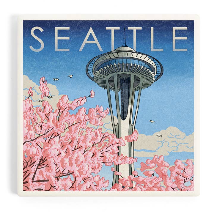 Lantern Press - Wholesale Coasters - Ceramic Coaster Space Needle, Cherry Blossoms Woodblock, …
