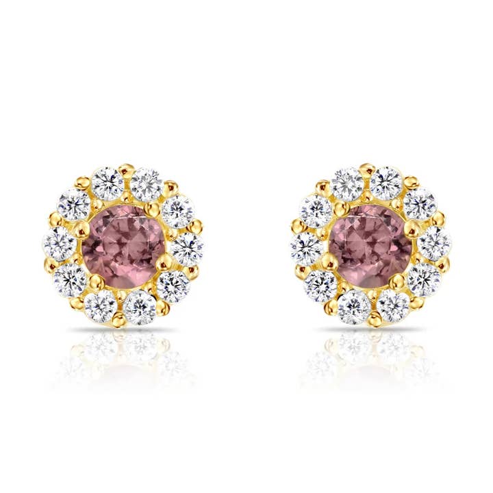 Boucles d'oreilles à tige en or 14 carats avec halo de pierre de naissance, dos vissé (les 12 couleurs disponibles) pour la vente par Paris Jewelry