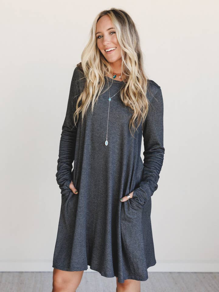Jake Long Sleeve Crewneck Dress - Charcoal for wholesale on Faire4