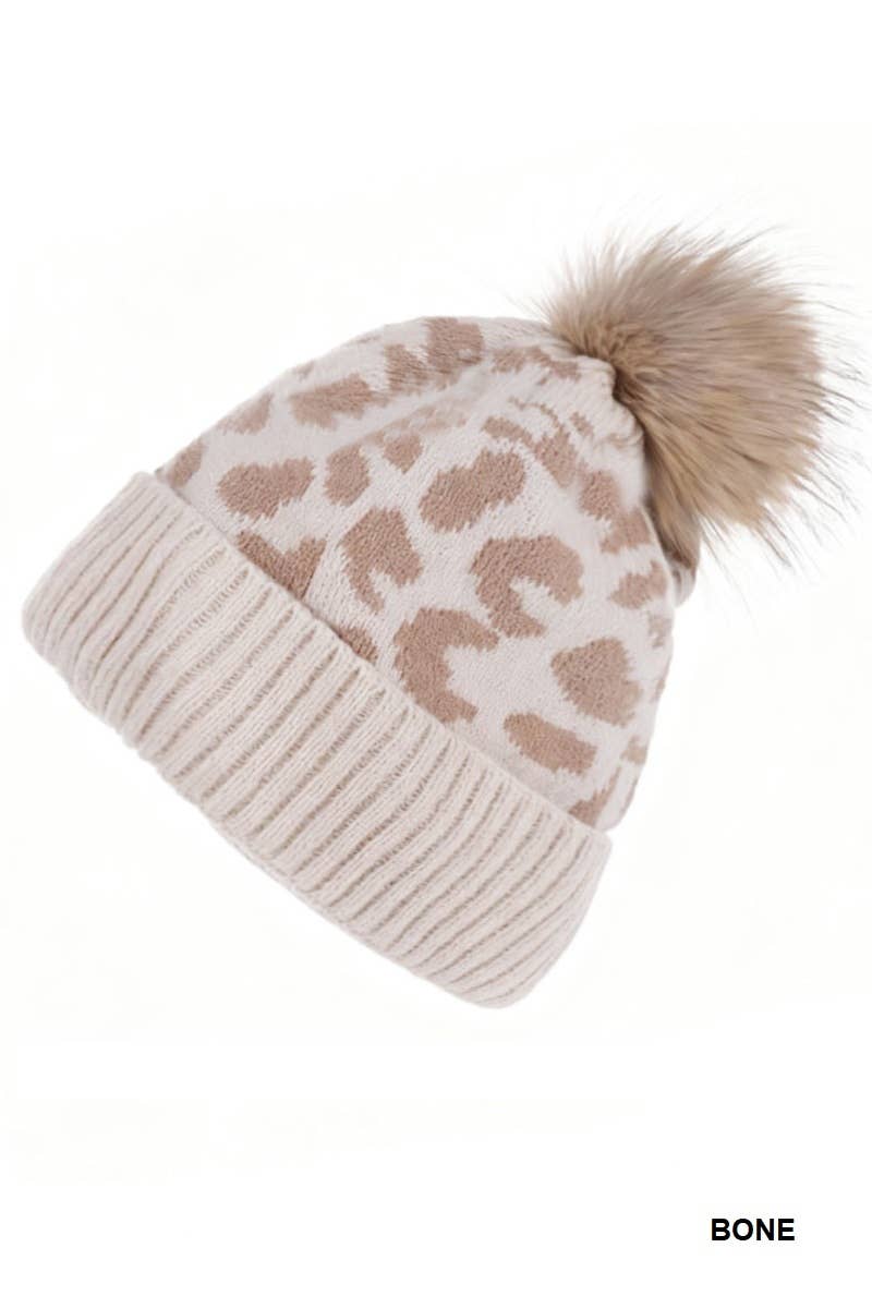 Vanilla Monkey – Engroshandel Beanie - Dame – Leopardmønstret strikket pom pom hue1