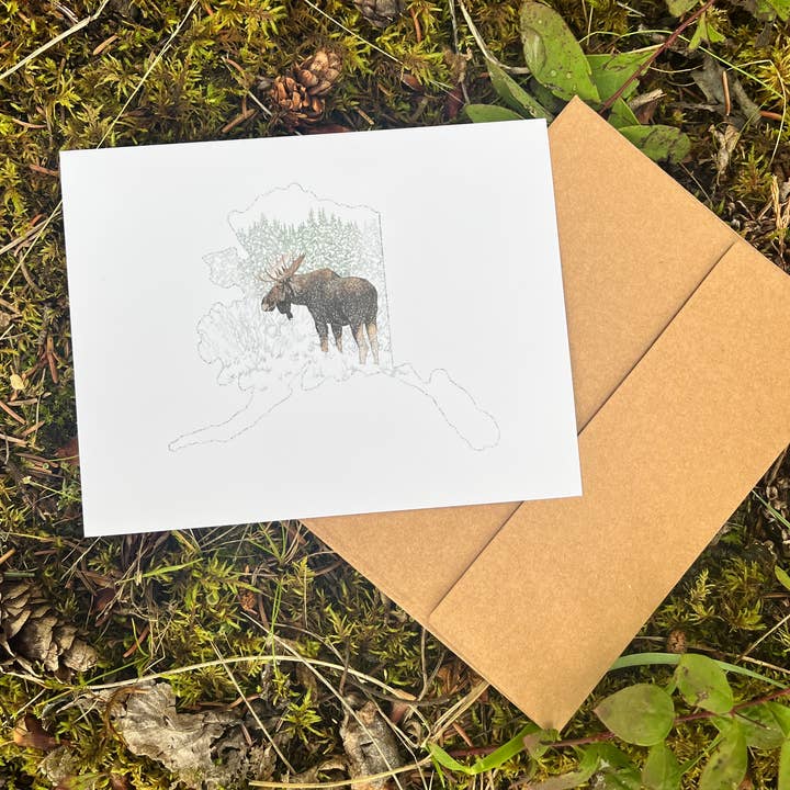Alaska State Map Moose Greeting Card, 4.5x5.5 blank card for wholesale by Sea Spray AK