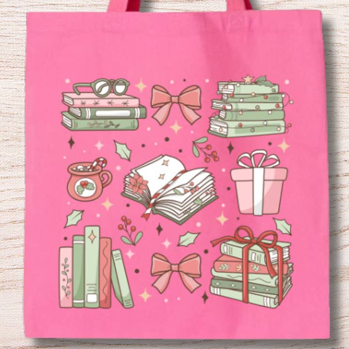 PINK HOLIDAY Bookish Tote - 12oz Heavy Duty Cotton Canvas for wholesale by Fabled Embers
