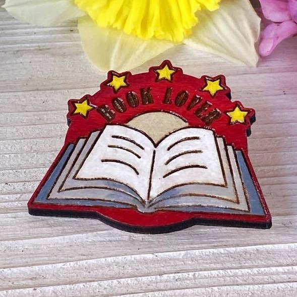 Wooden Book Lover Brooch for wholesale by Daffodil
