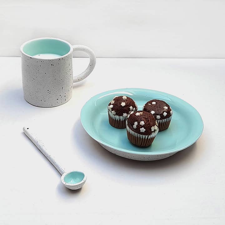 Copo de cerâmica com pires e colher, talheres artesanais. por atacado de Cerámics & co