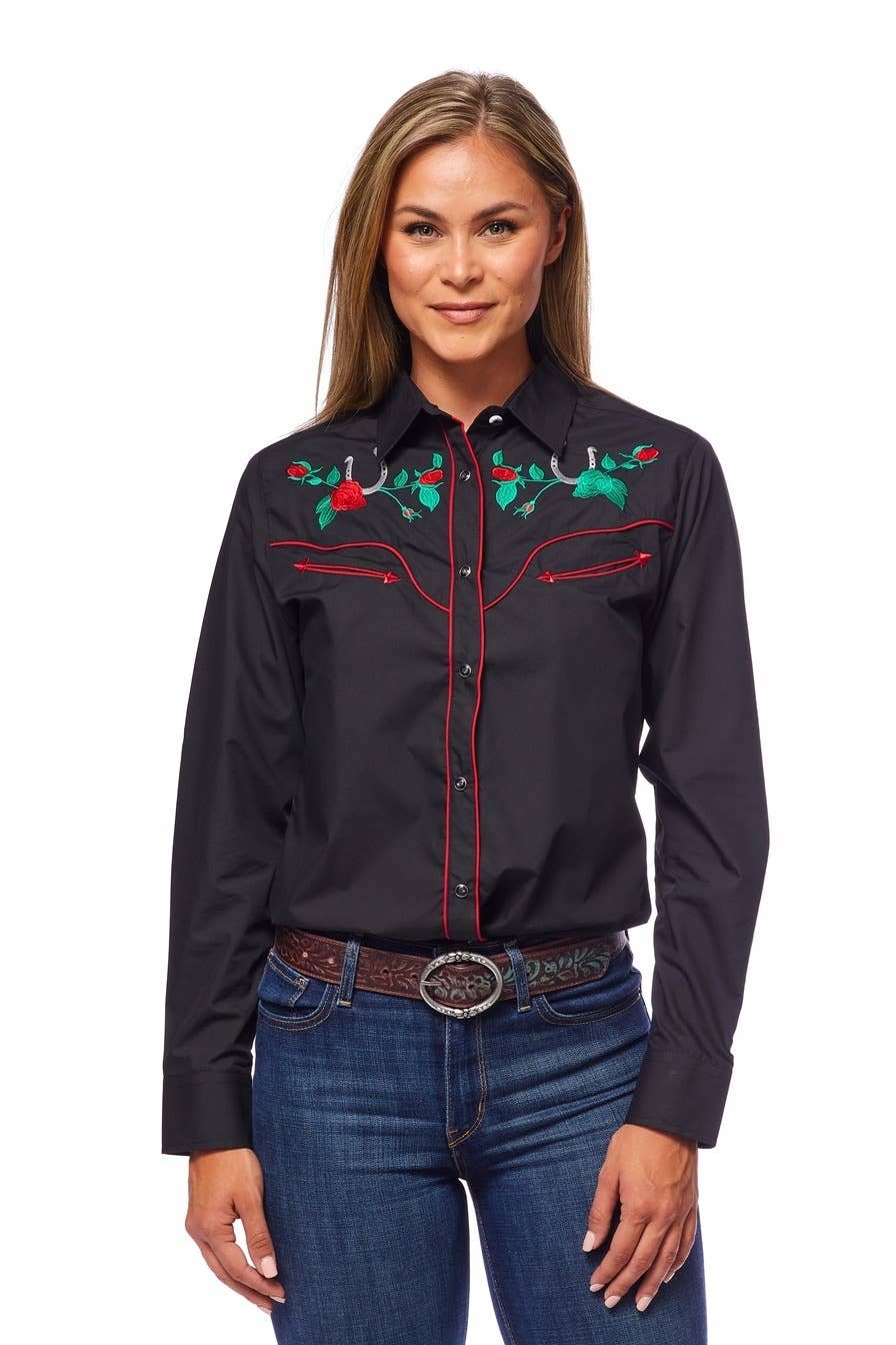 Rodeo Clothing - Vente Chemise à col boutonné – femme - Robe brodée à manches longues d'inspiration western pour femmes26