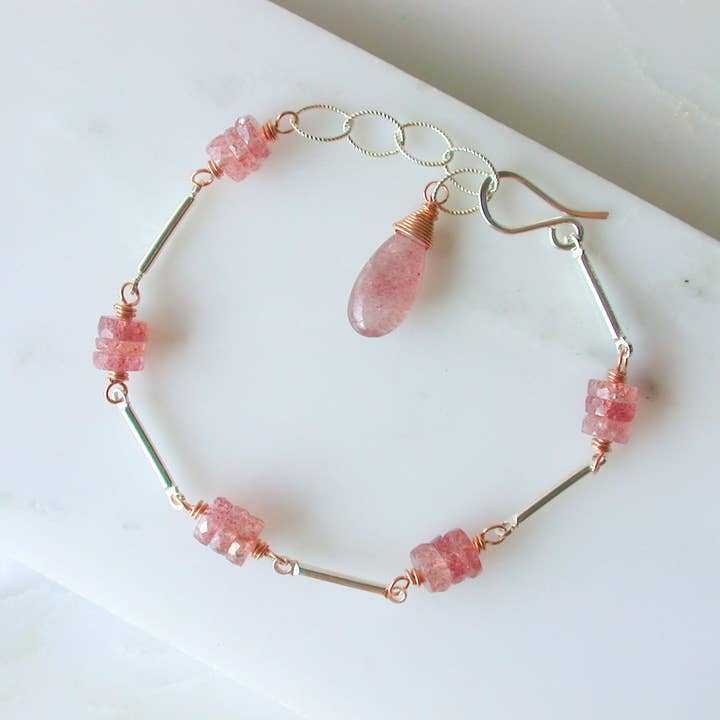 Linda Trent Jewelry - Wholesale Link & Chain Bracelet - Strawberry Quartz Bar & Link Bracelet. Mixed Metal Bracelet