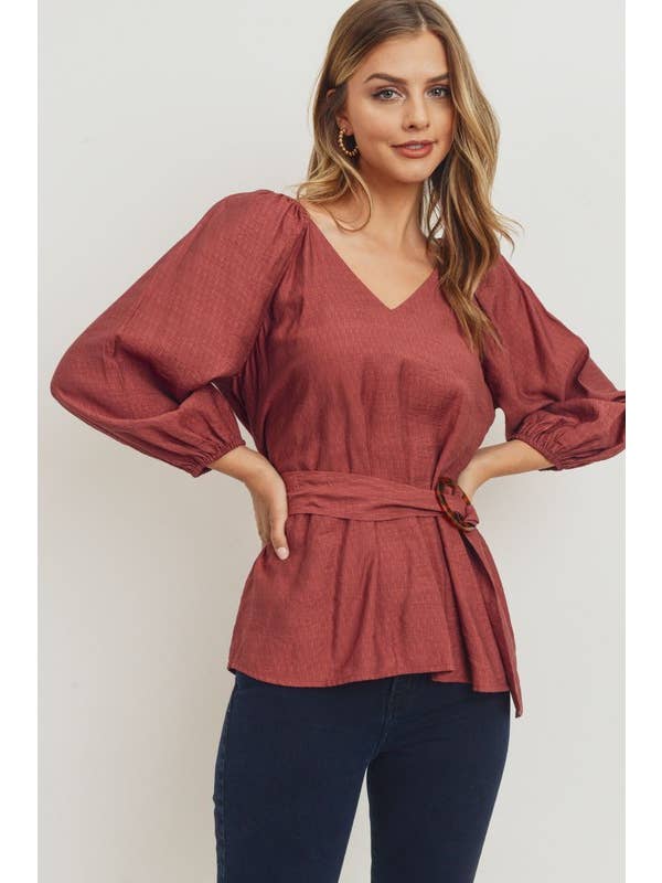 Sweet Rain - Wholesale Blouse - Women's - 3/4 V Neck With Buckle Self Tie1