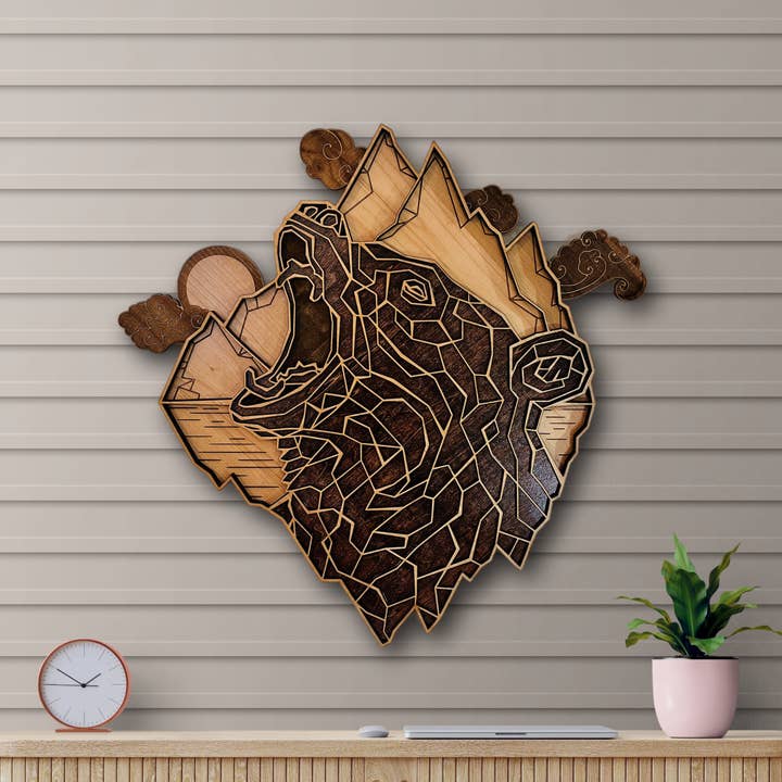 Wooden Bear Wall Art, Rustic Cabin Decor, 3 Layers for wholesale by Light House Laser Art