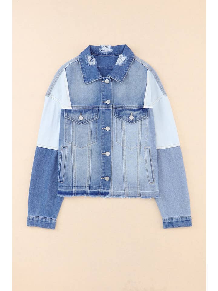 Sky Blue Color Block Denim Patchwork Frayed Hem Jacket for wholesale on Faire