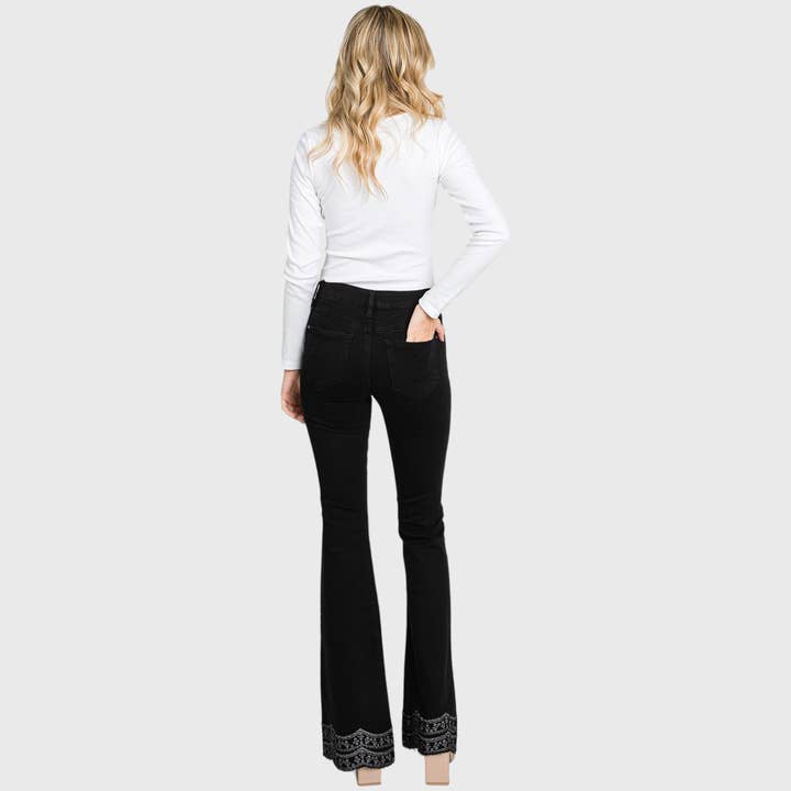 Petra153 - Wholesale Jeans - Women's - P716MF-BLK MID RISE STRETCH FLARE W/ EMBROIDERY RAW EDGE HEM